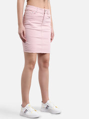 Kotty Women Powder Pink Solid Denim Pencil Mini Skirt