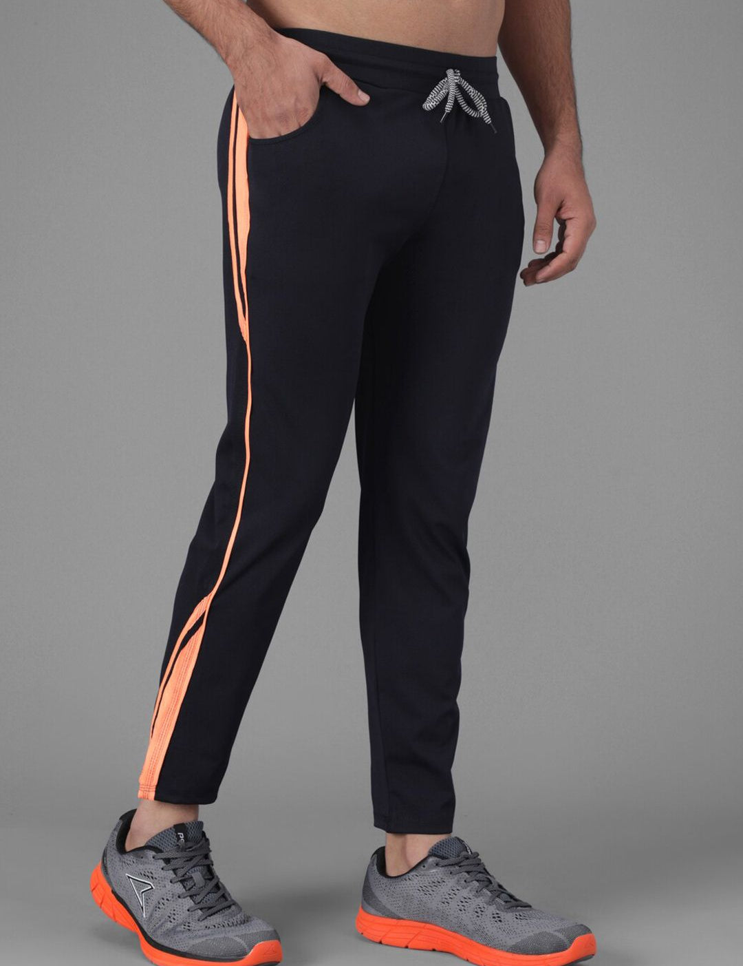 Kotty Men Navy Blue & Orange Striped Slim-Fit Track Pants