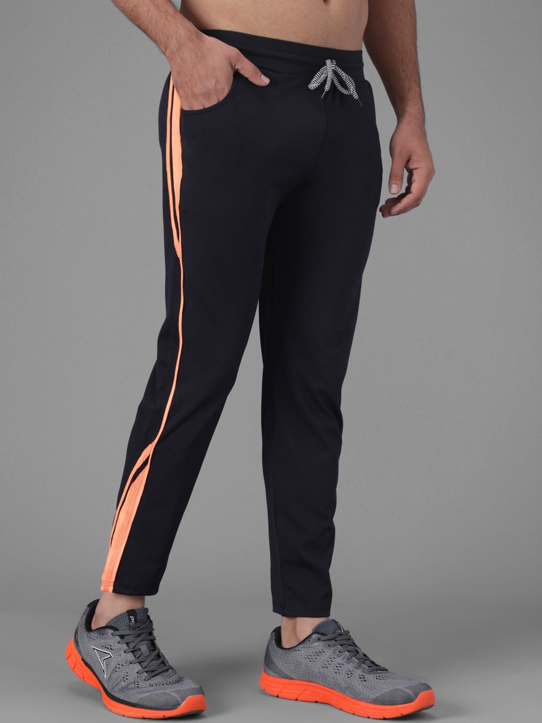 Kotty Men Navy Blue & Orange Striped Slim-Fit Track Pants