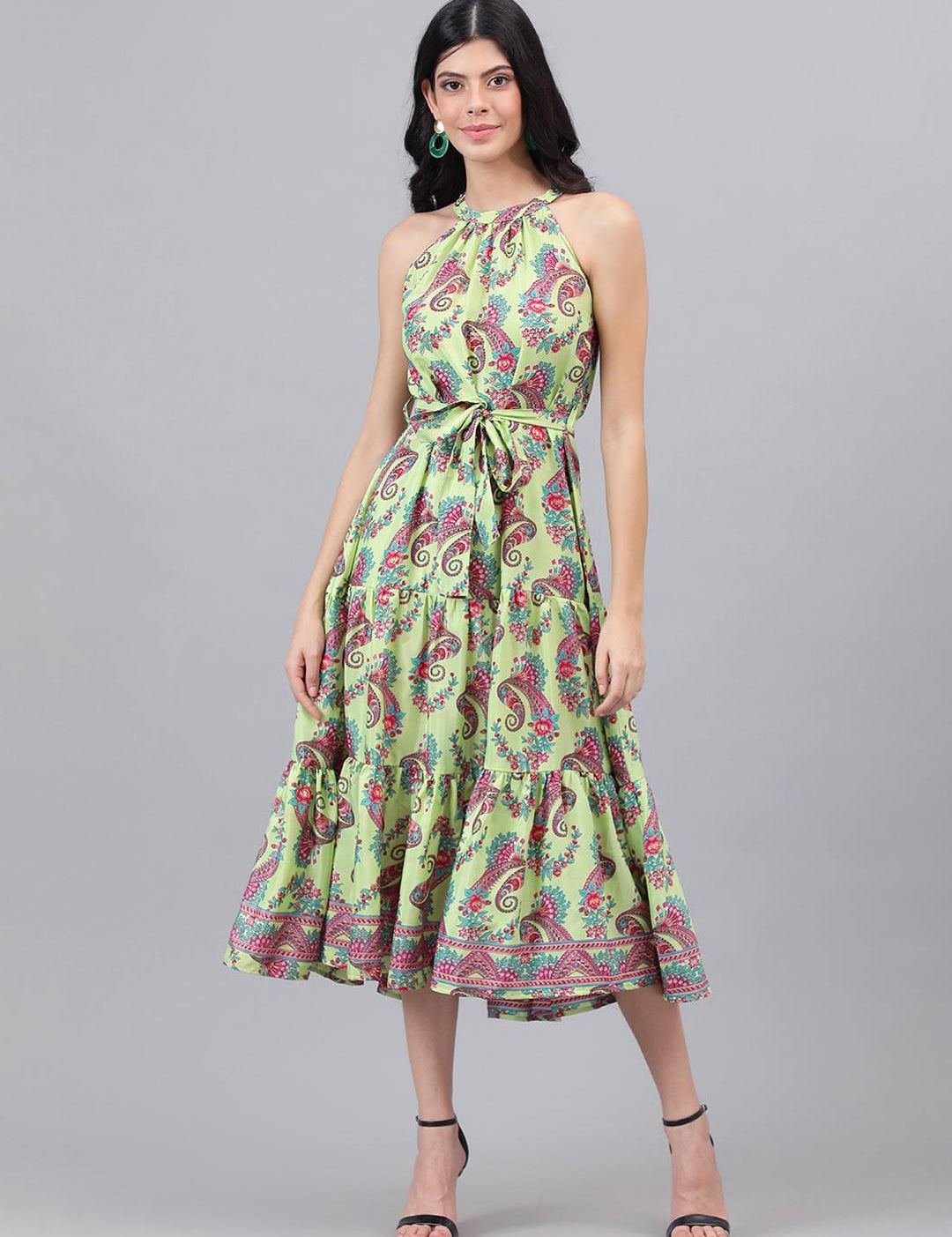 Kotty Green And Maroon Paisley Printed Halter Neck Tiered Fit & Flare Midi Dress