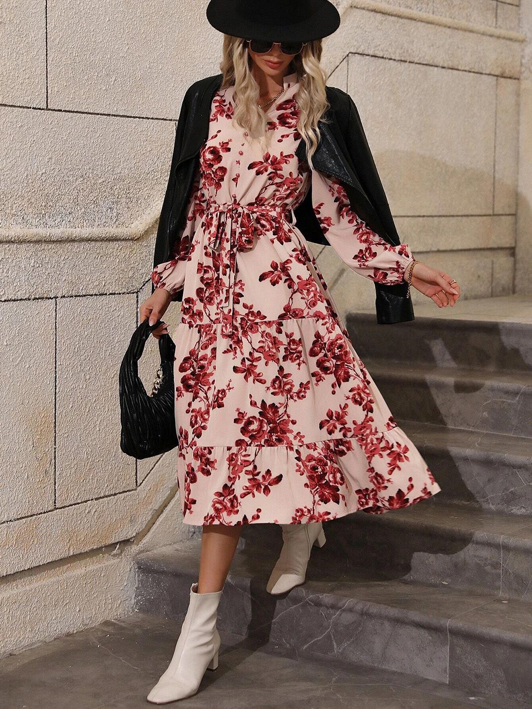 Kotty Cream Floral Printed Shirt Collar Puff Sleeve A-Line Midi Dress