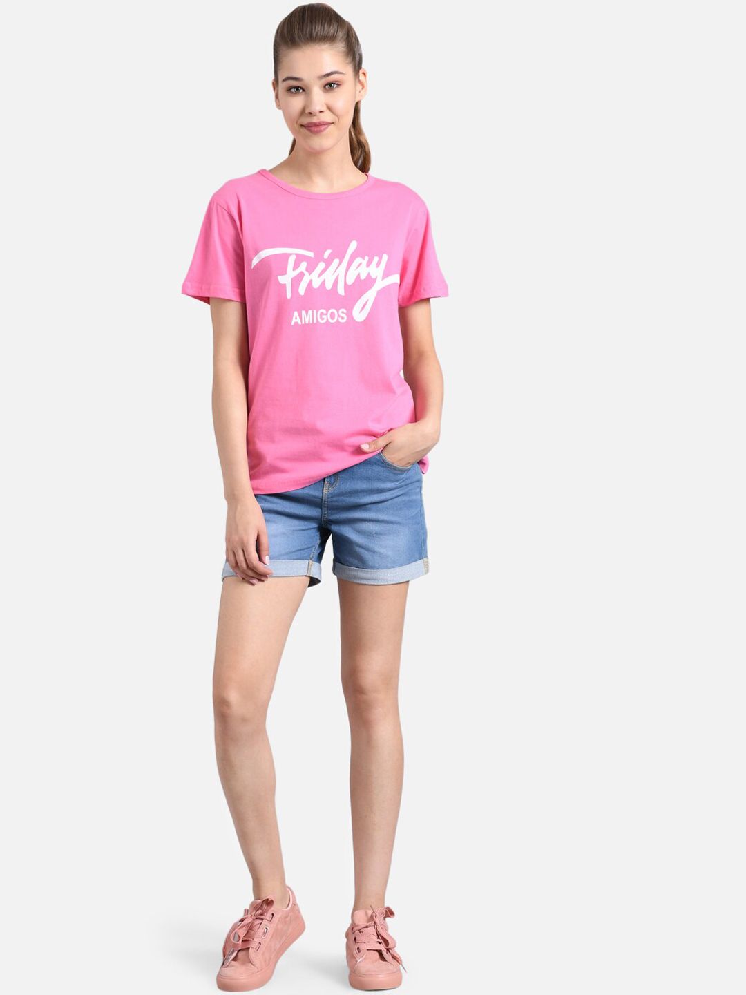 Kotty Women Pink Printed Round Neck T-shirt