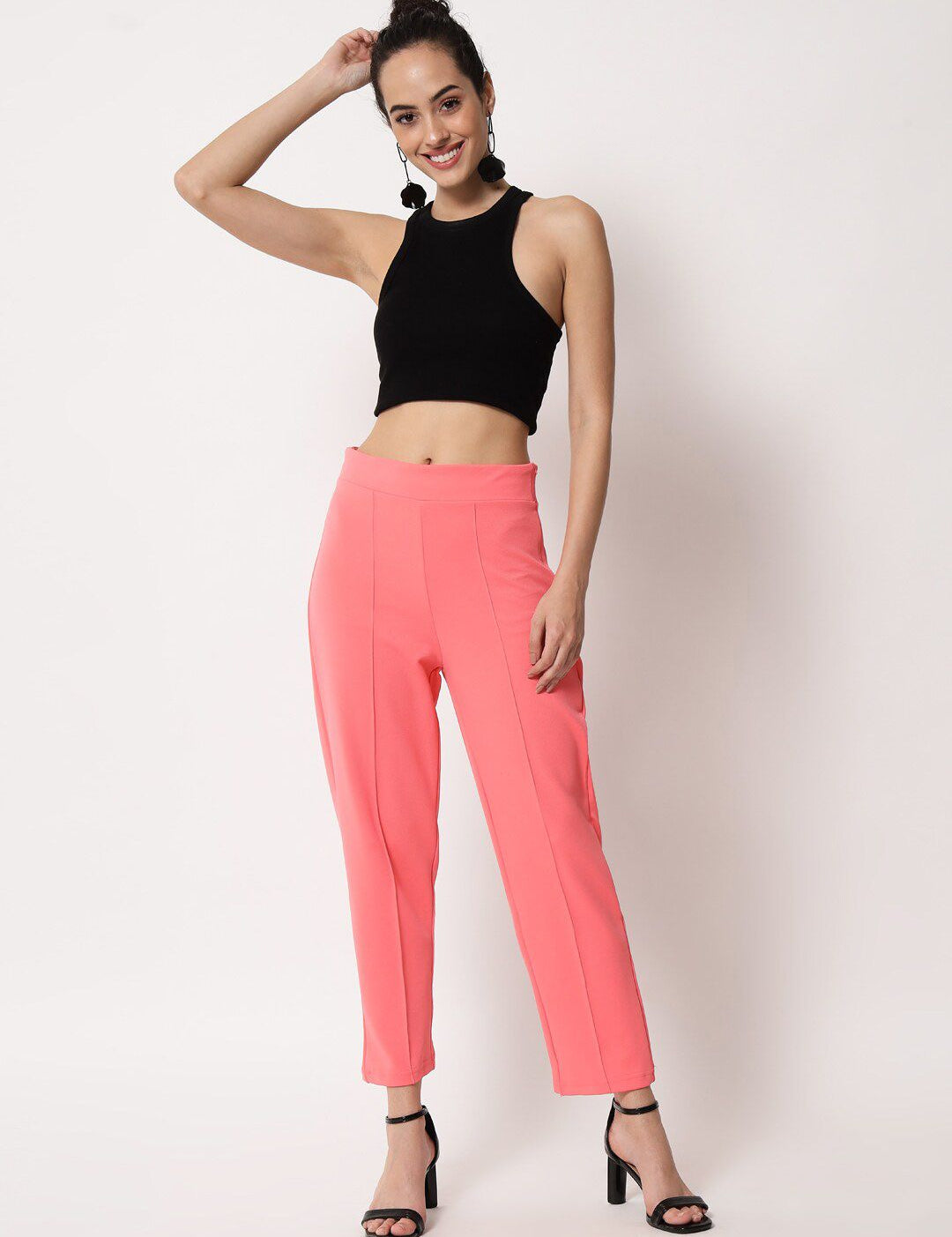 Kotty Women Pink Relaxed Straight Fit Easy Wash Trousers