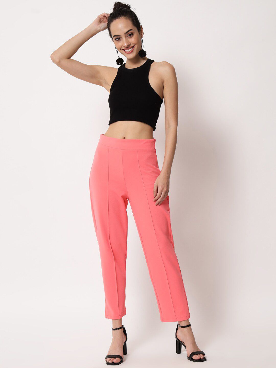 Kotty Women Pink Relaxed Straight Fit Easy Wash Trousers