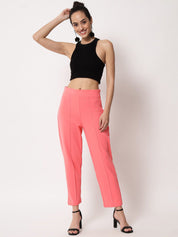 Kotty Women Pink Relaxed Straight Fit Easy Wash Trousers
