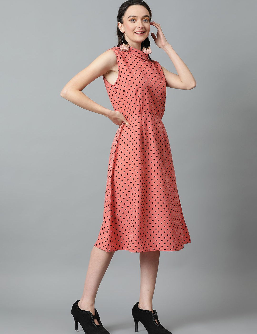 Kotty Polka Dot Printed High Neck Sleeveless Fit & Flare Midi Dress