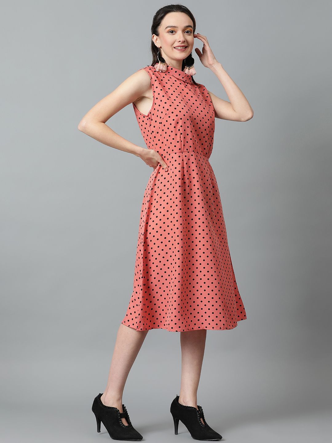 Kotty Polka Dot Printed High Neck Sleeveless Fit & Flare Midi Dress