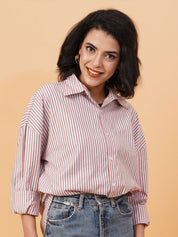 Kotty Vertical Stripes Drop-Shoulder Sleeves Longline Casual Shirt