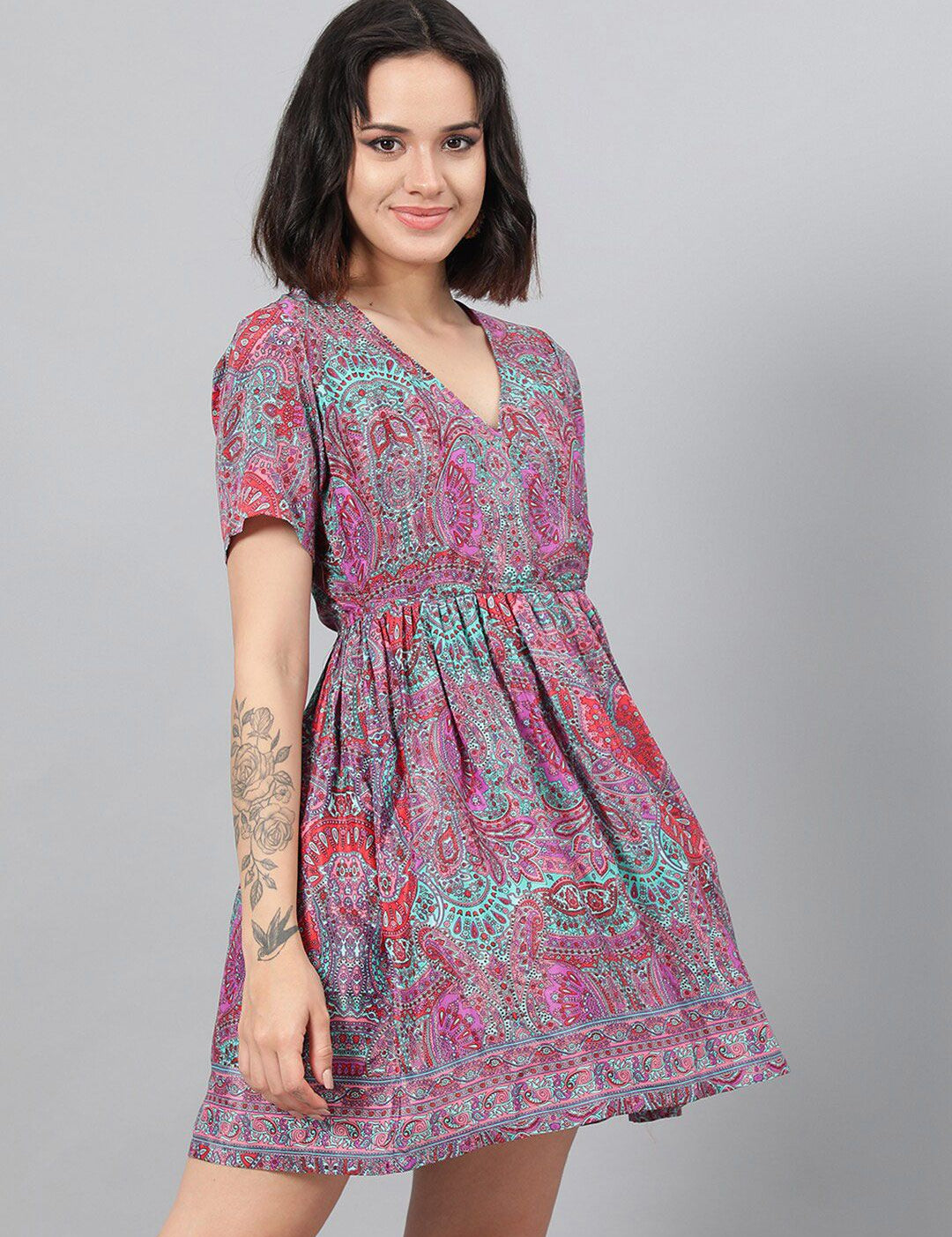 Kotty Magenta Ethnic Motif Printed Fit & Flare Mini Dress