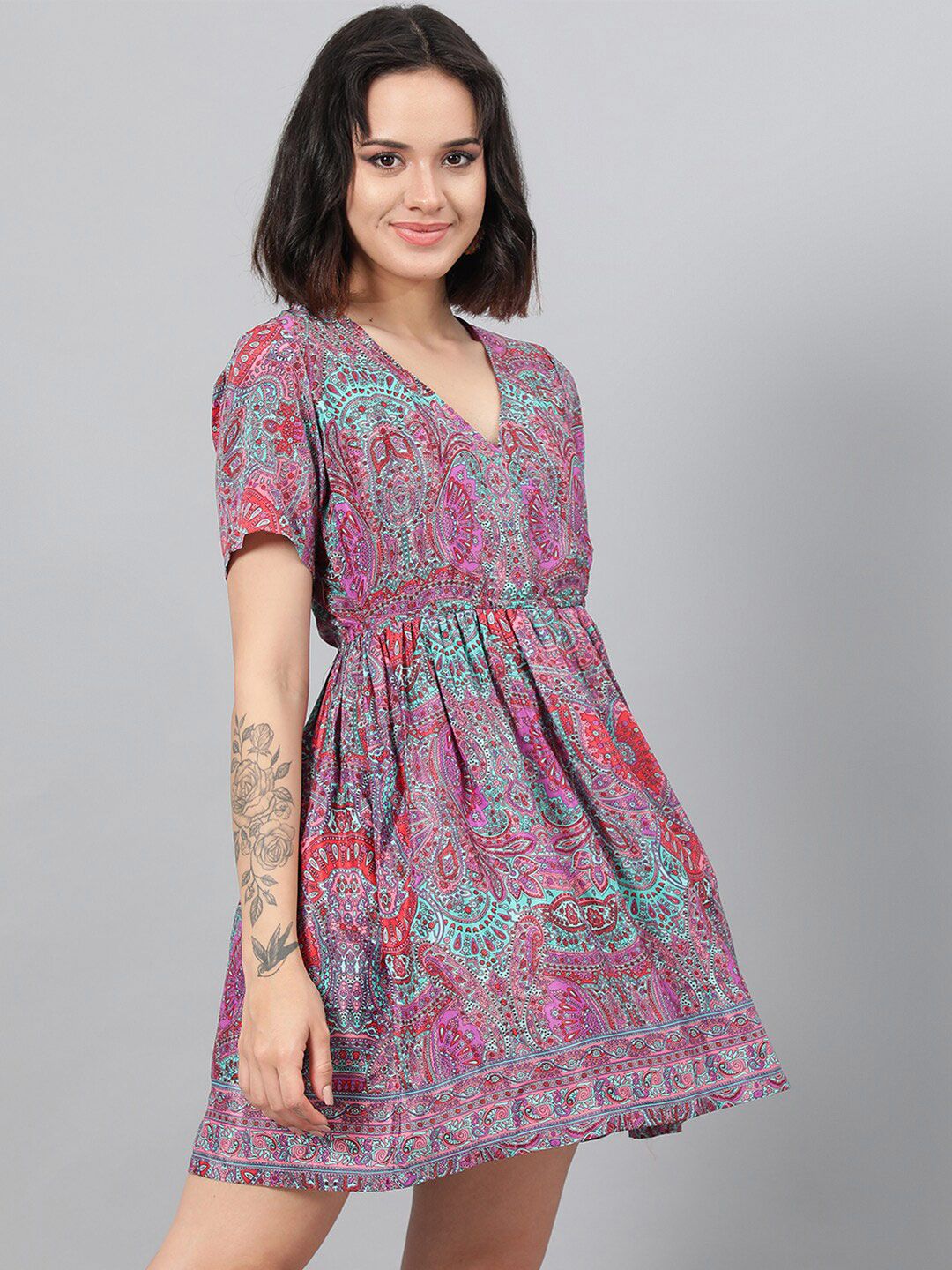 Kotty Magenta Ethnic Motif Printed Fit & Flare Mini Dress