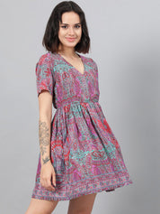 Kotty Magenta Ethnic Motif Printed Fit & Flare Mini Dress