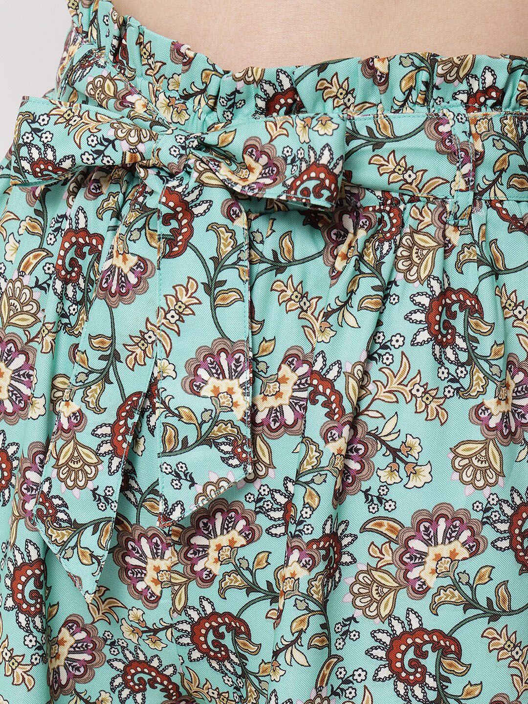 Kotty Women Green and Brown Floral Printed Relaxed Flared High-Rise Trousers