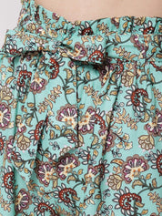 Kotty Women Green and Brown Floral Printed Relaxed Flared High-Rise Trousers