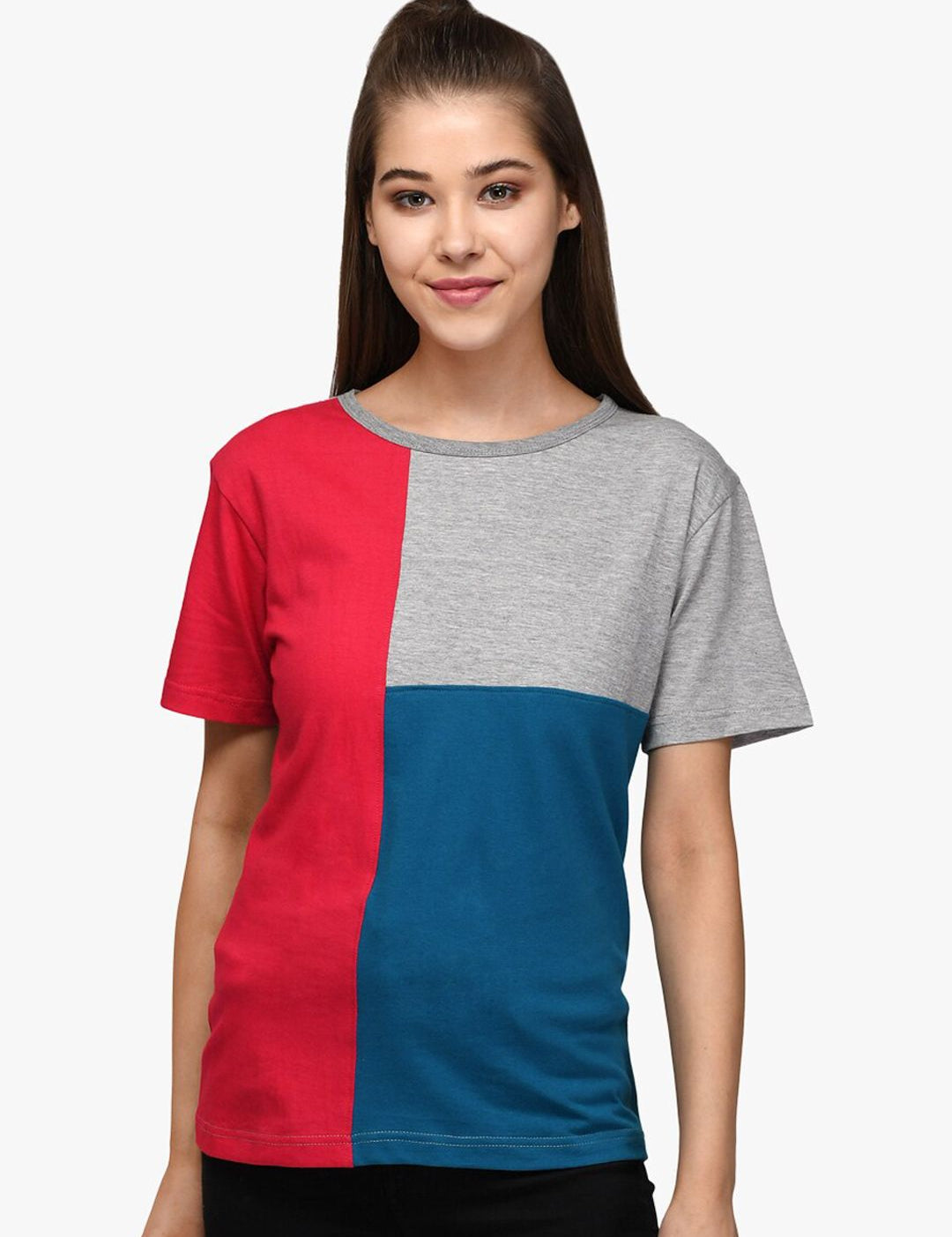 Kotty Women Red & Blue Colourblocked Round Neck T-shirt