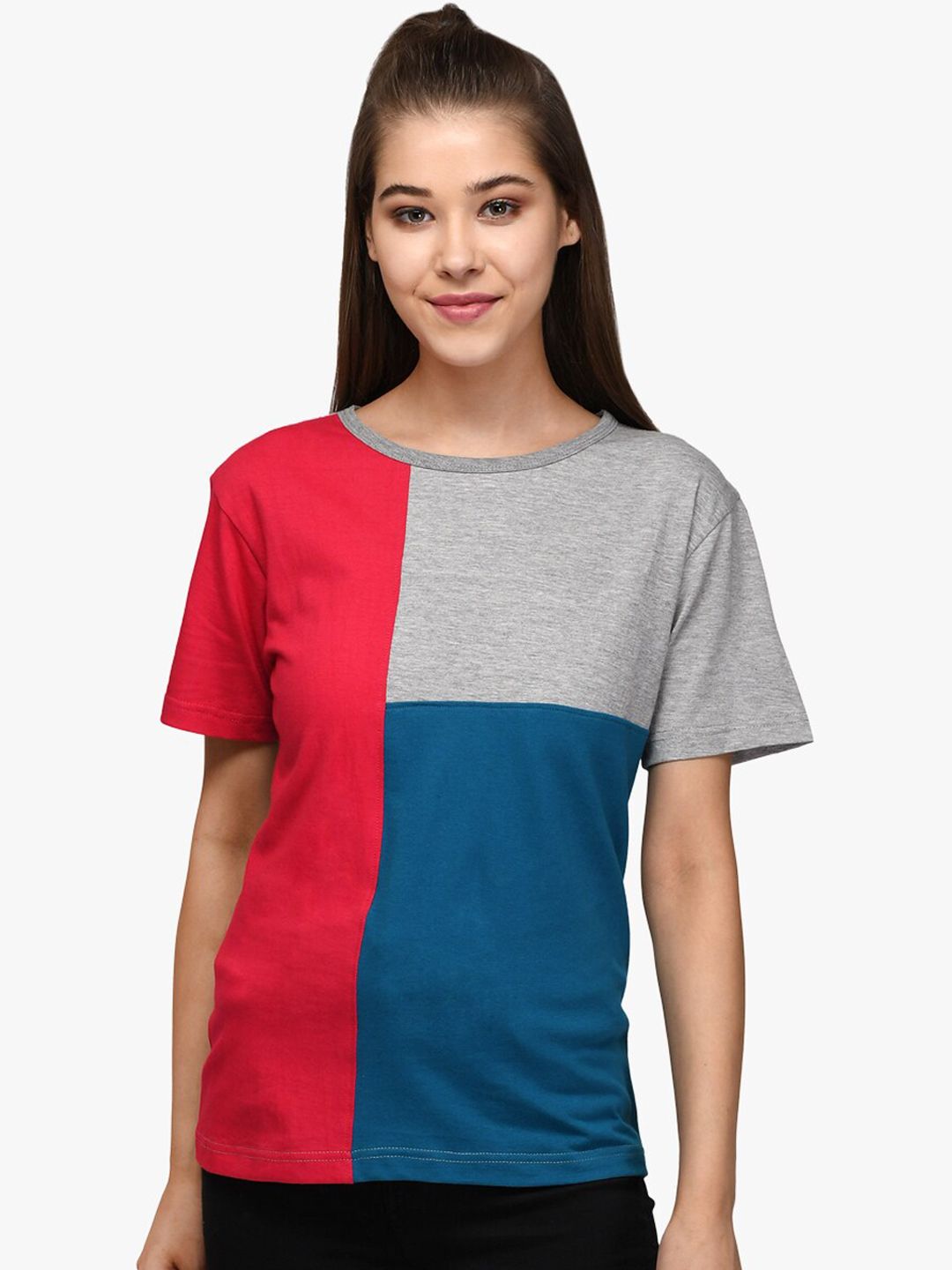 Kotty Women Red & Blue Colourblocked Round Neck T-shirt