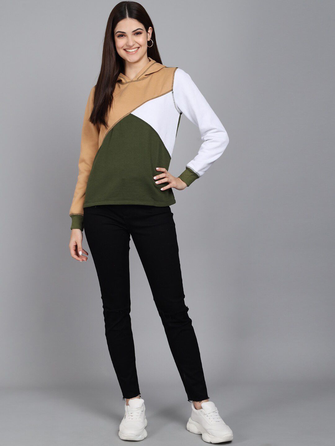 Kotty Women Beige Colourblocked Hooded Sweatshirt