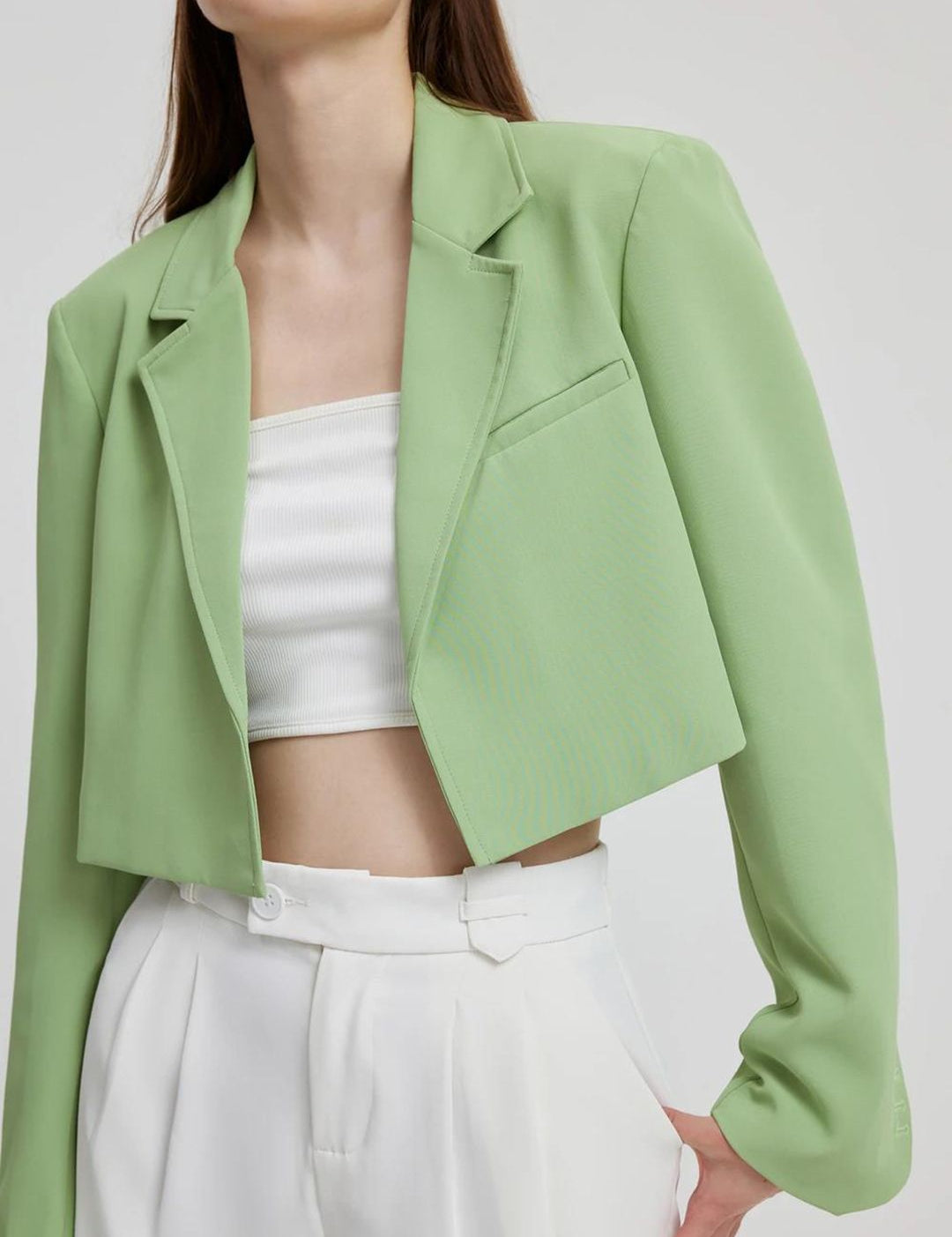 Kotty Green Crop Notched Lapel Collar Regular Fit Blazer