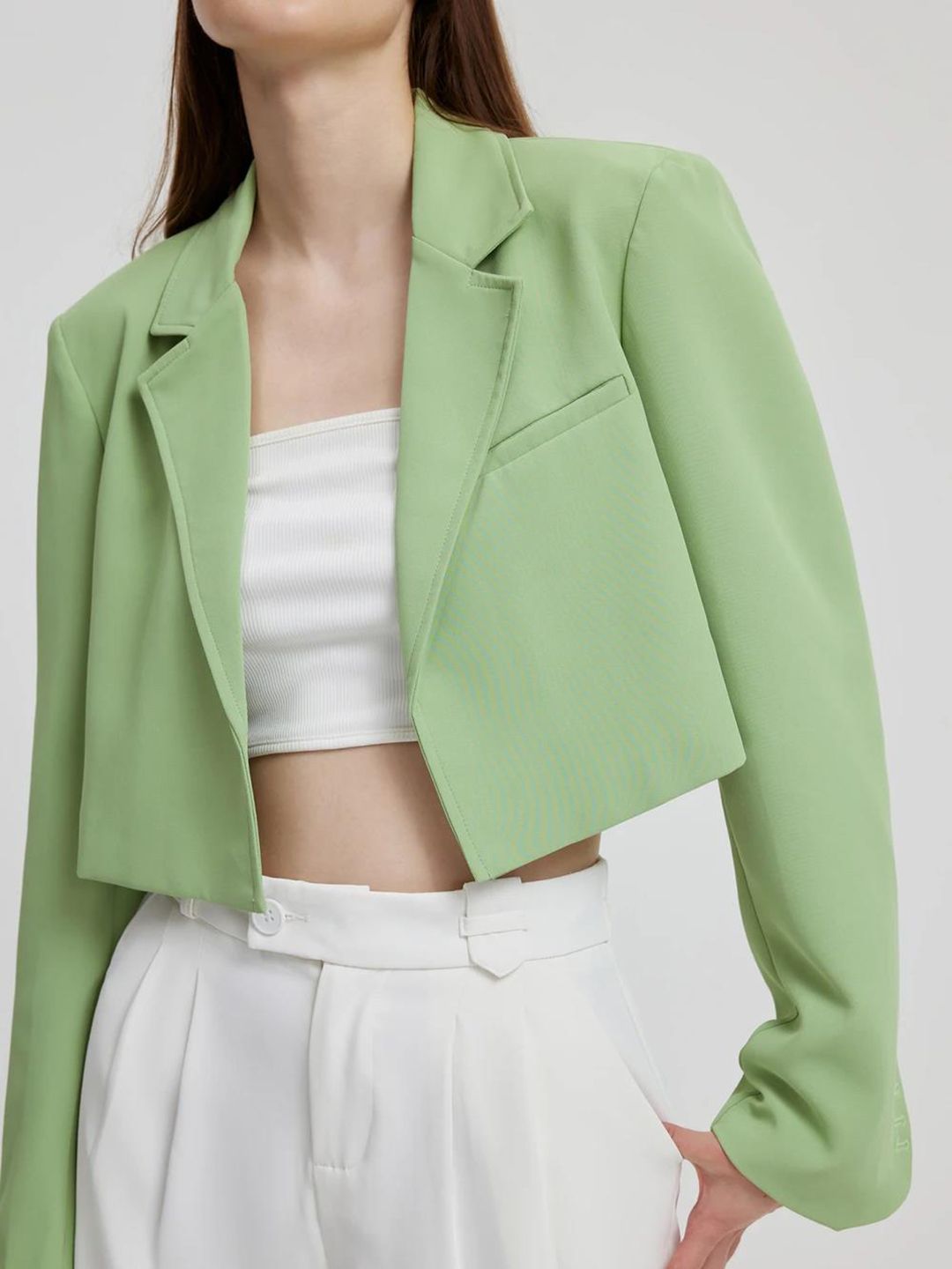 Kotty Green Crop Notched Lapel Collar Regular Fit Blazer