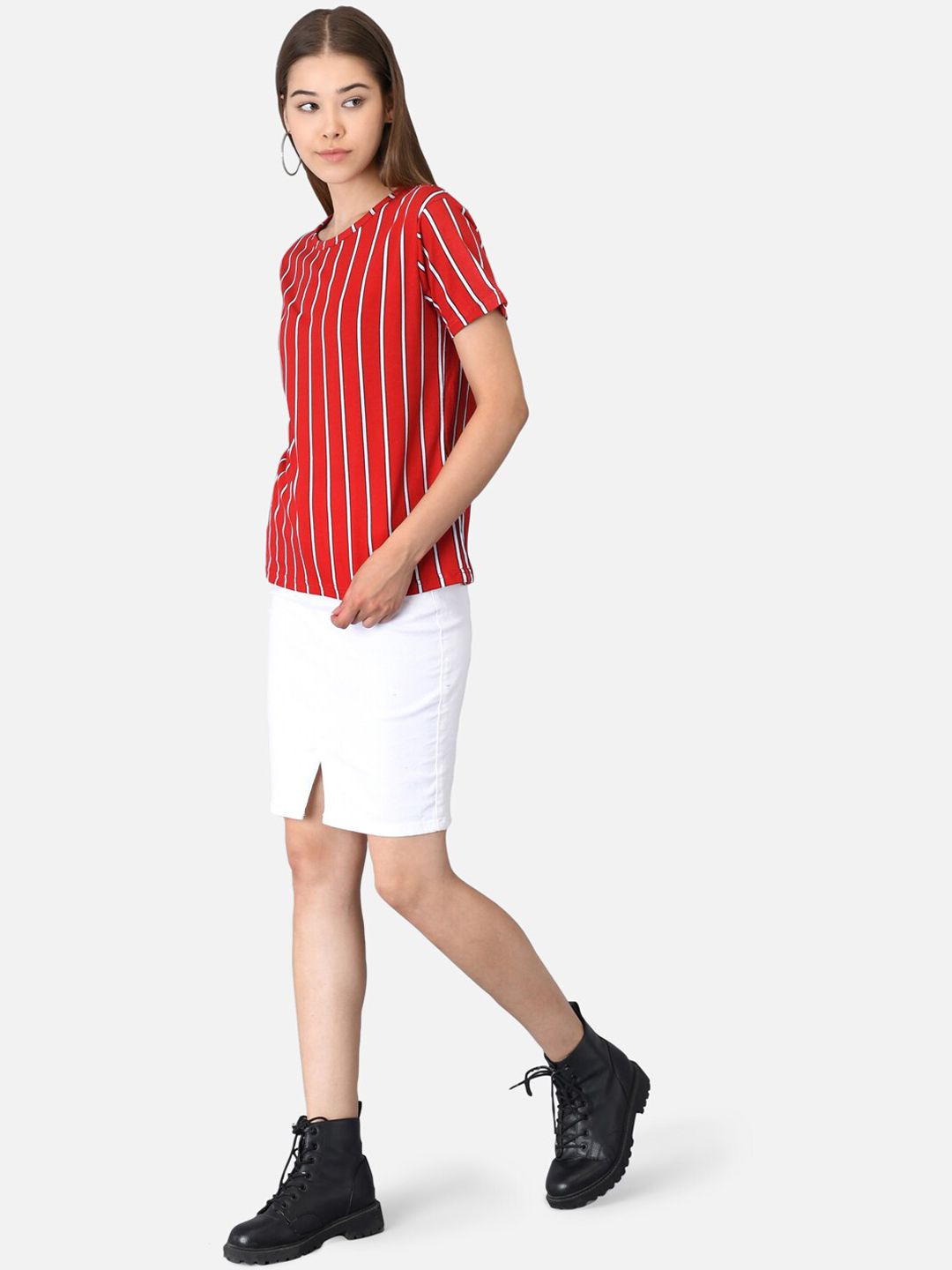 Kotty Women Red & White Striped Round Neck T-shirt