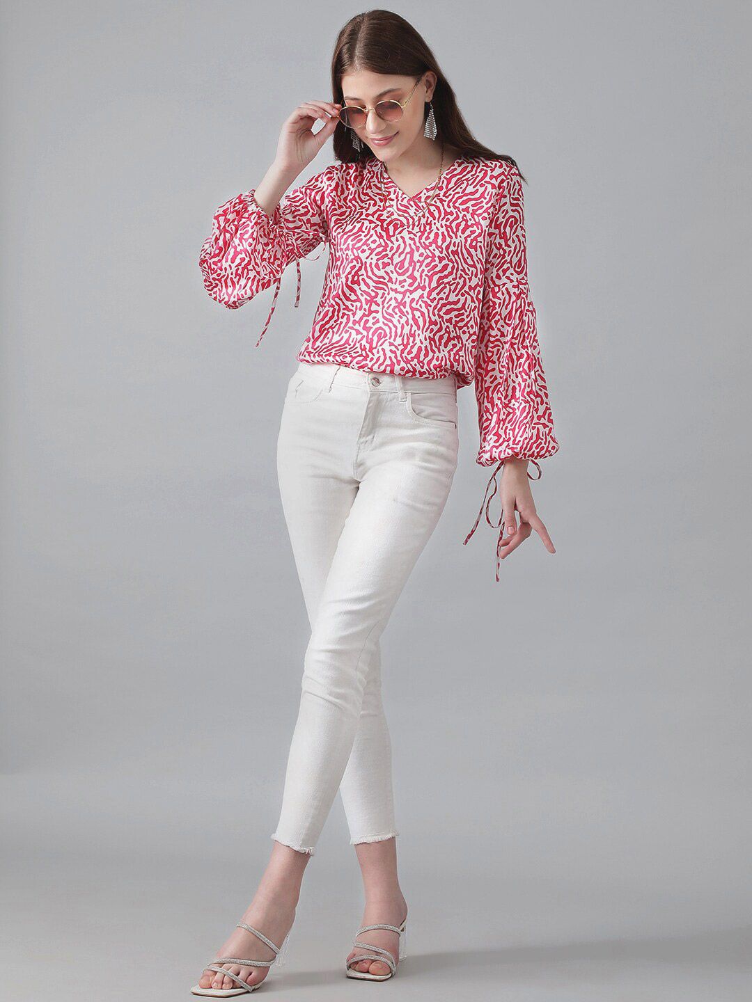 Kotty Red & White Animal Printed Puff Sleeve Satin Blouson Top