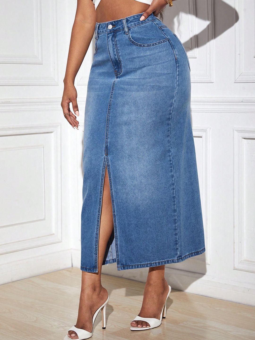 Kotty Denim Pencil Midi Skirt
