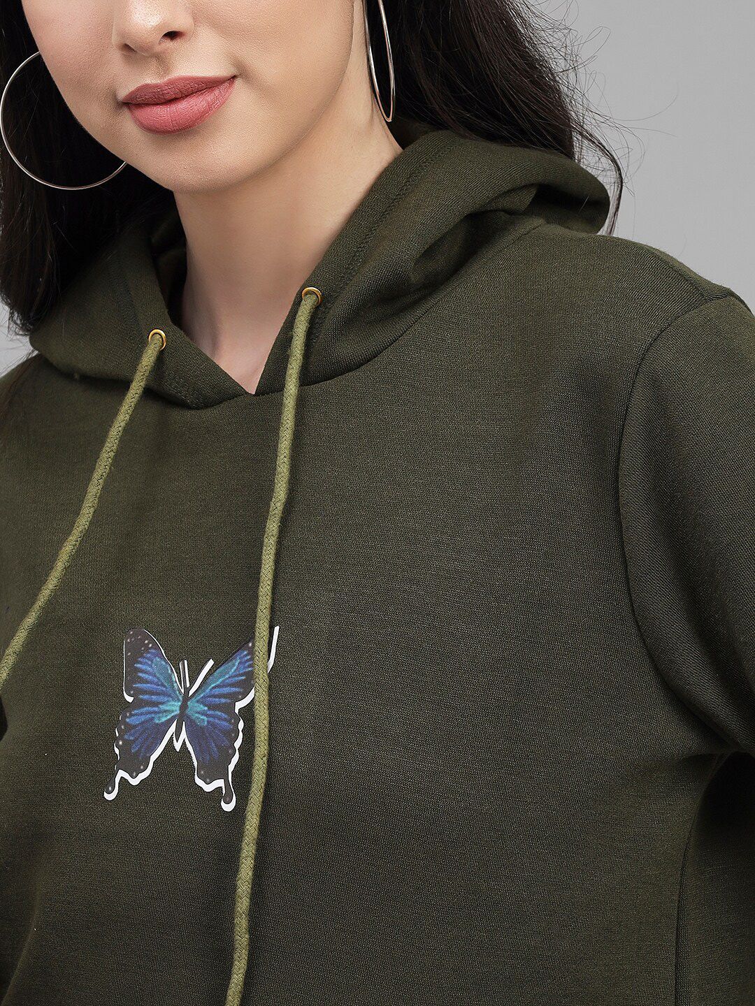 Kotty Women Olive Green Printed Hooded Sweatshirt