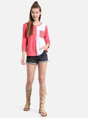 Kotty Women Pink & White Colourblocked Round Neck T-shirt