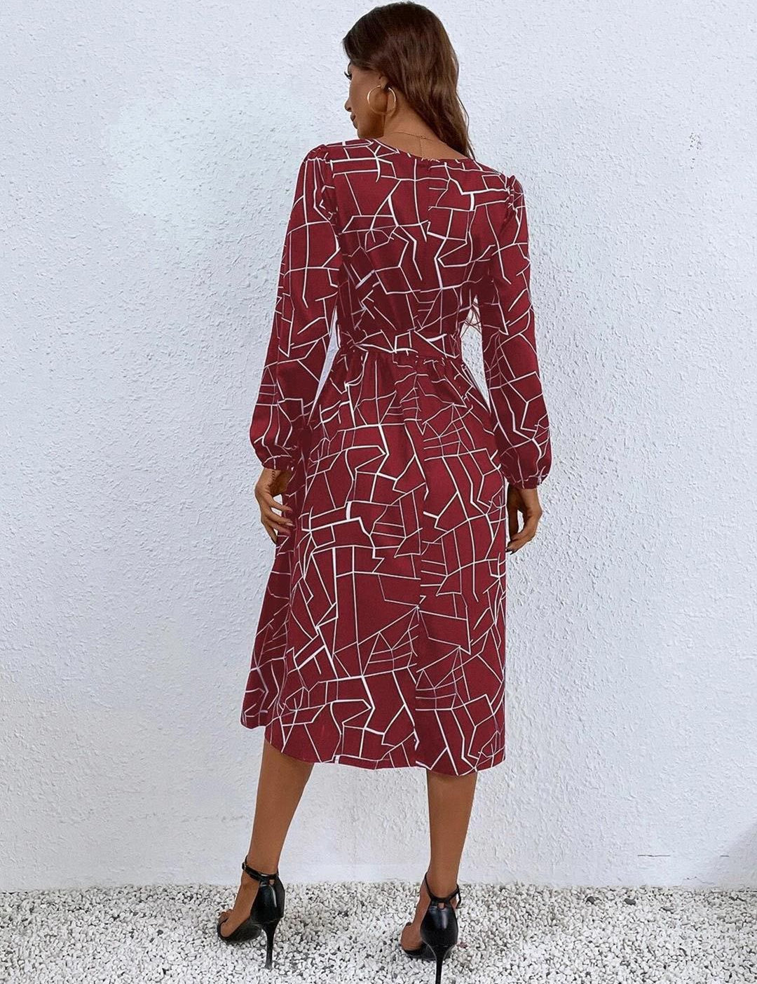Kotty Maroon Abstract Printed Belted A-Line Midi Dress