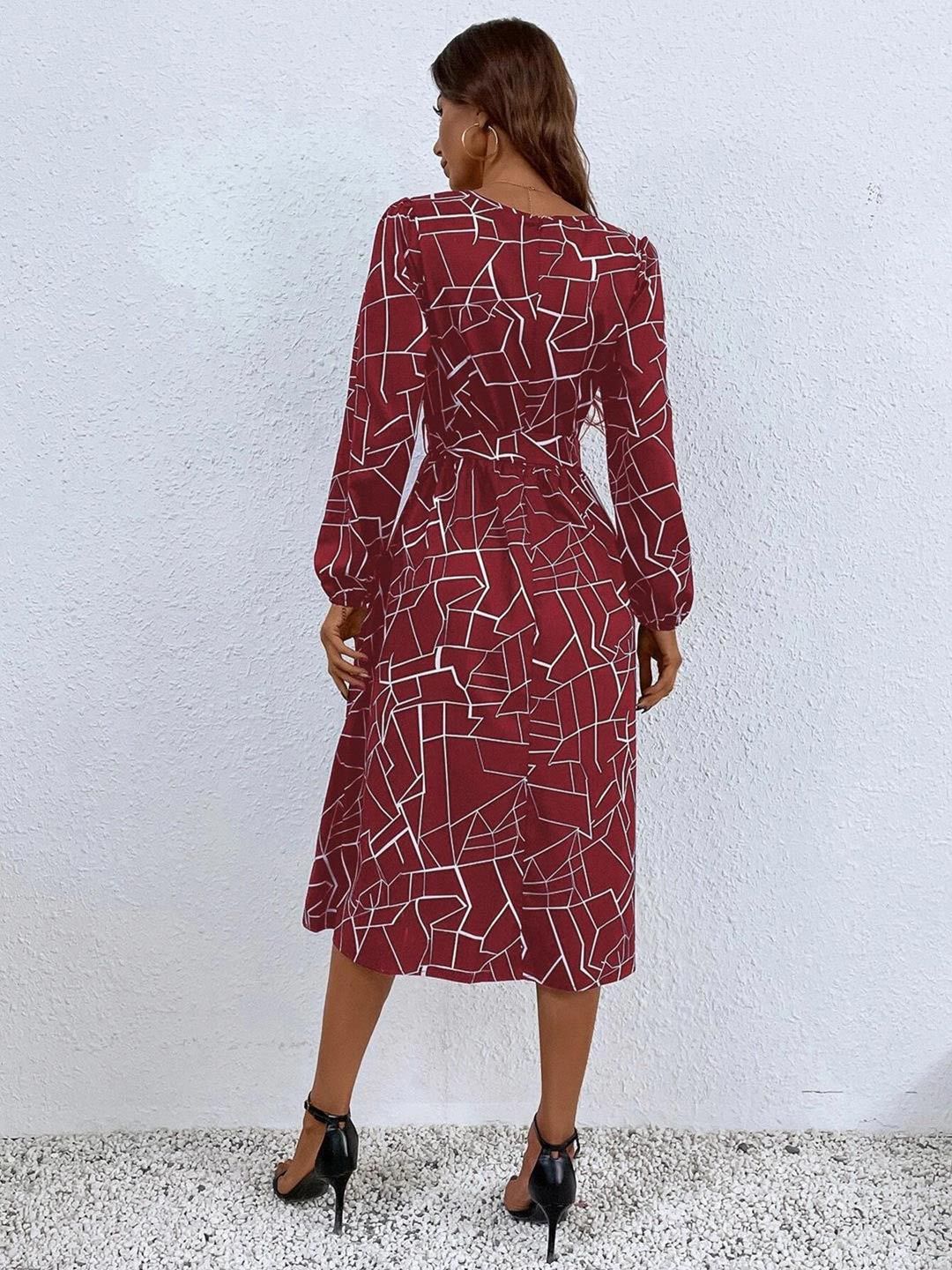 Kotty Maroon Abstract Printed Belted A-Line Midi Dress