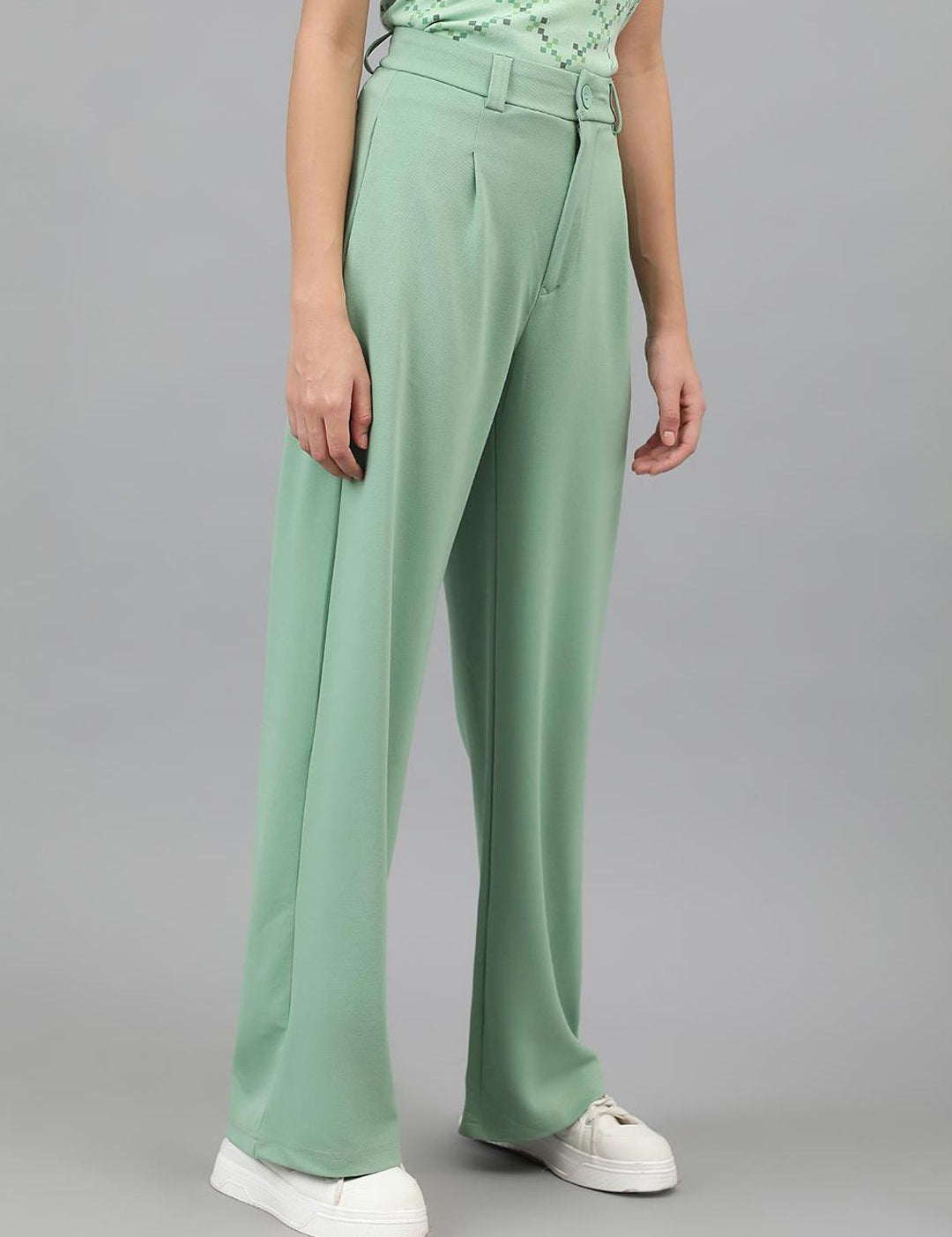 KOTTY BIZwear Women Light green Relaxed Straight Leg High-Rise Easy Wash Pleated Trousers