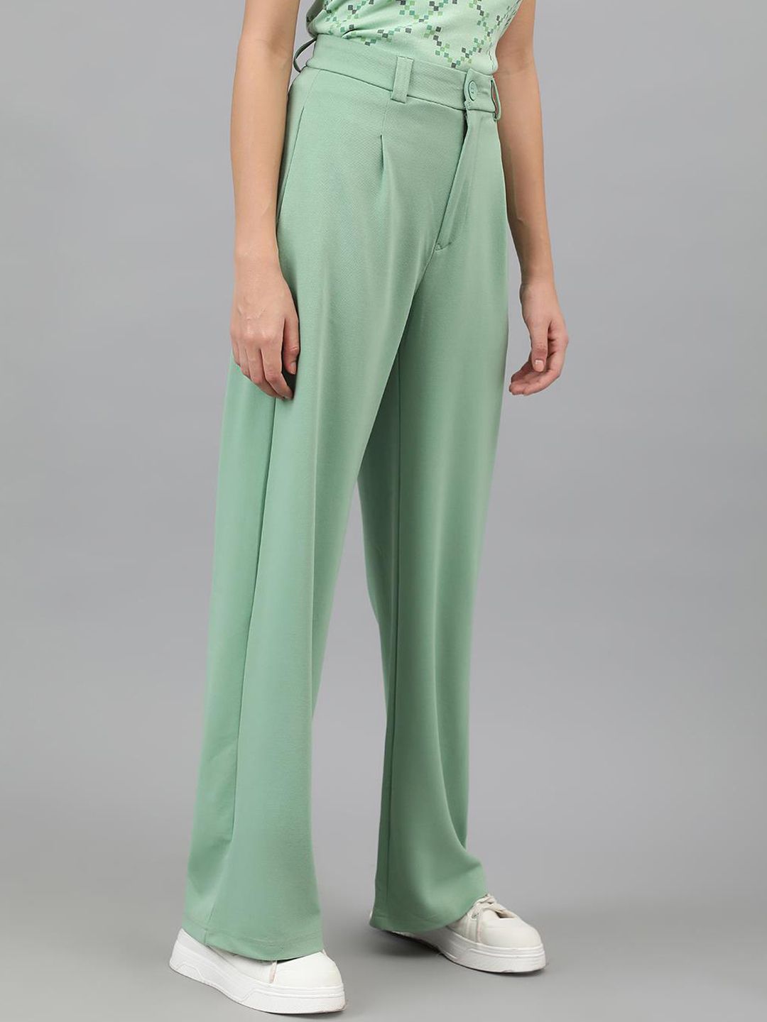 KOTTY BIZwear Women Light green Relaxed Straight Leg High-Rise Easy Wash Pleated Trousers