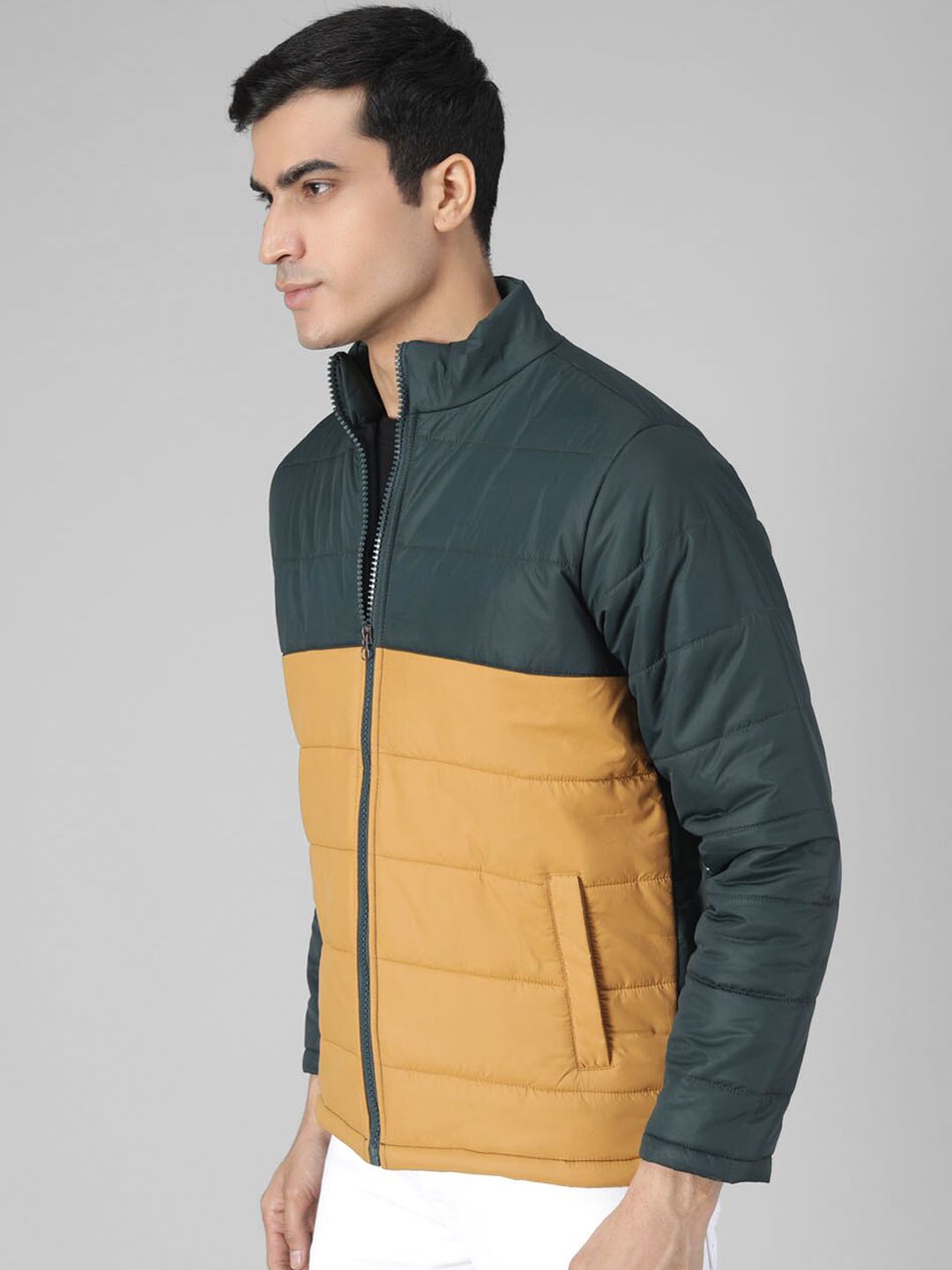 Kotty Men Yellow & Green Colourblocked Puffer Jacket