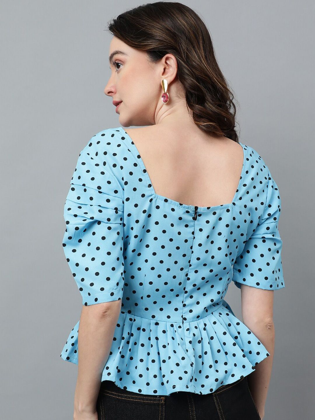 Kotty Blue Polka Dot Printed Crepe Peplum Top