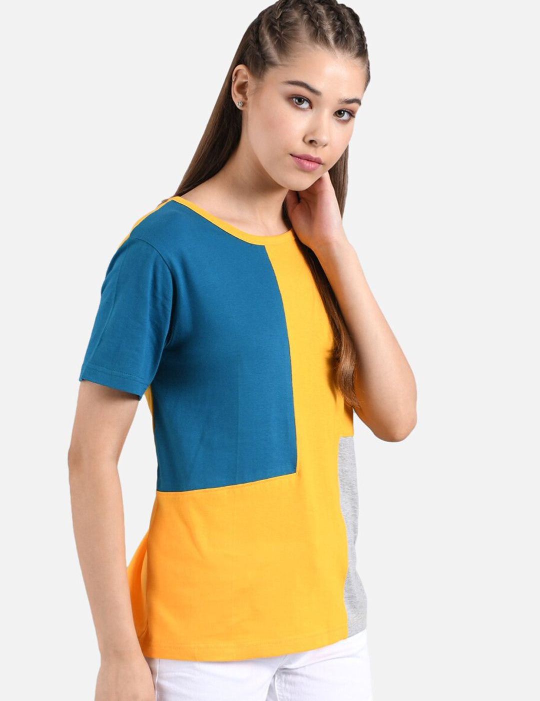 Kotty Women Yellow & Navy Blue Colourblocked Round Neck T-shirt