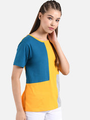Kotty Women Yellow & Navy Blue Colourblocked Round Neck T-shirt