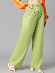 Kotty Women Green Relaxed Straight Leg Straight Fit High-Rise Easy Wash Pleated Trousers