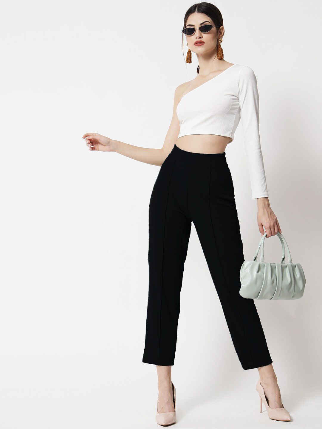 Kotty Women Black Comfort Straight Fit High-Rise Easy Wash Pleated Trousers