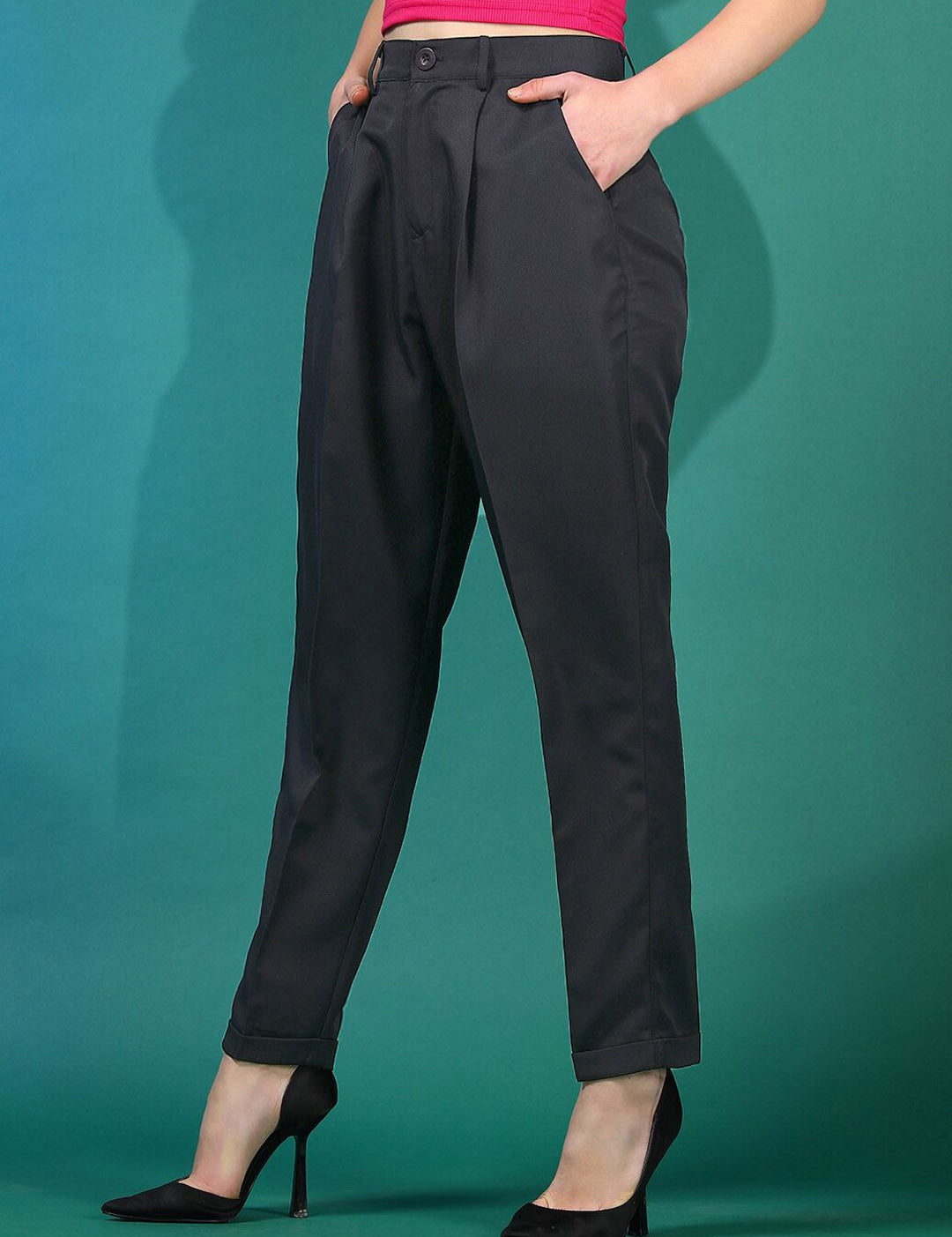 Stylecast X KOTTY BIZwear Women Black Relaxed Slim Fit High-Rise Easy Wash Peg Trousers