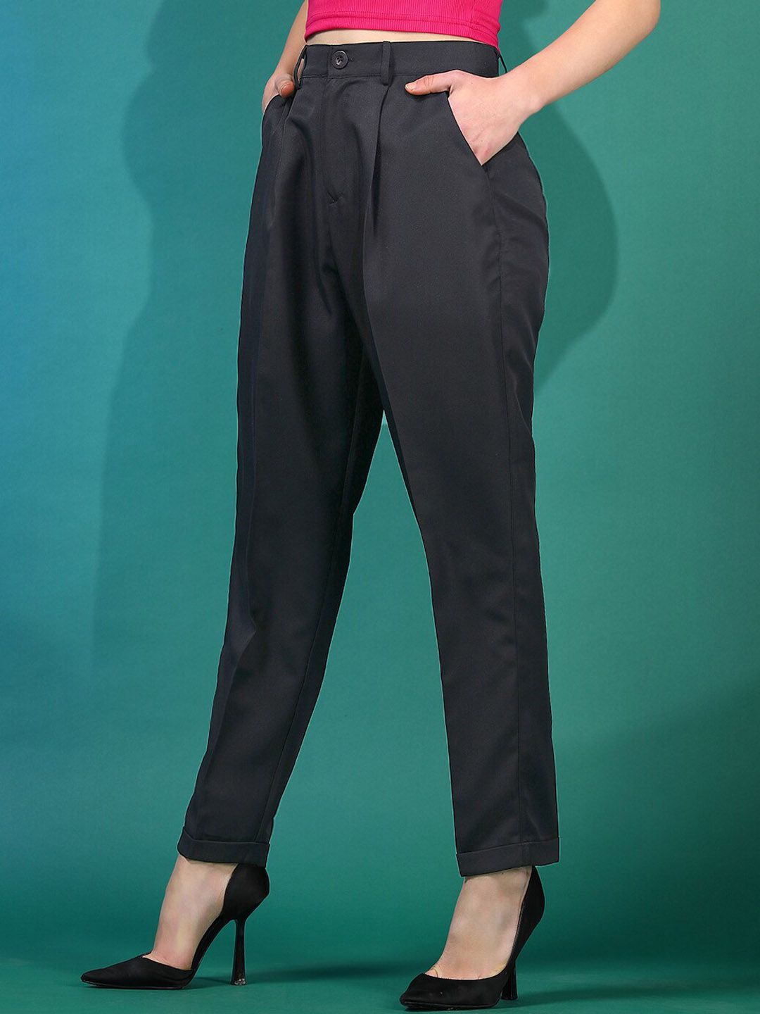 Stylecast X KOTTY BIZwear Women Black Relaxed Slim Fit High-Rise Easy Wash Peg Trousers