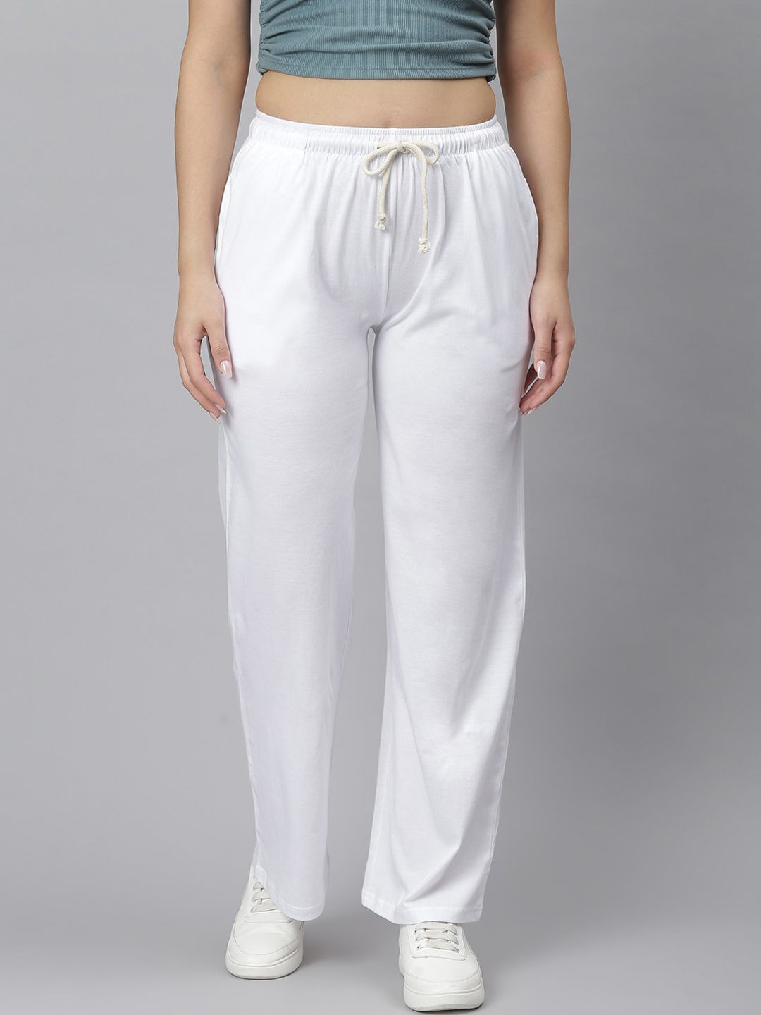 Kotty Women White Solid Straight-Fit Track Pants