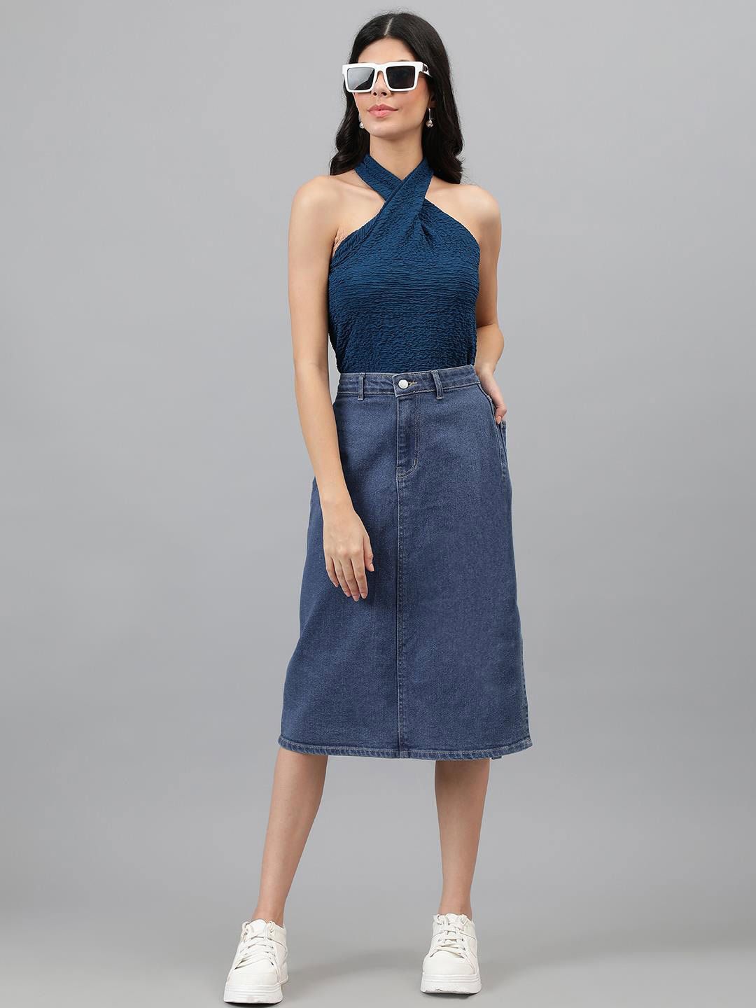 Kotty Blue Self Design Sleeveless Top