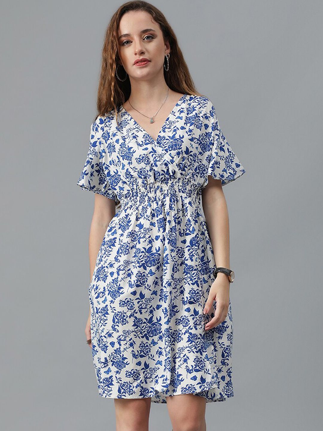 Kotty White & Blue Floral Printed Flared Sleeves Crepe Smocked Fit & Flare Dress