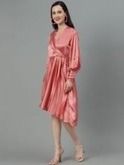 Kotty Pink V Neck Cuffed Sleeves Satin Pleated Fit & Flare Dress