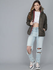 Kotty Women Olive Green Hooded Puffer Jacket
