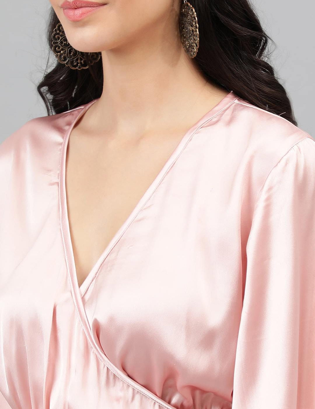 Kotty Pink Cuffed Sleeve Satin Wrap Waist Top
