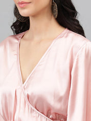 Kotty Pink Cuffed Sleeve Satin Wrap Waist Top