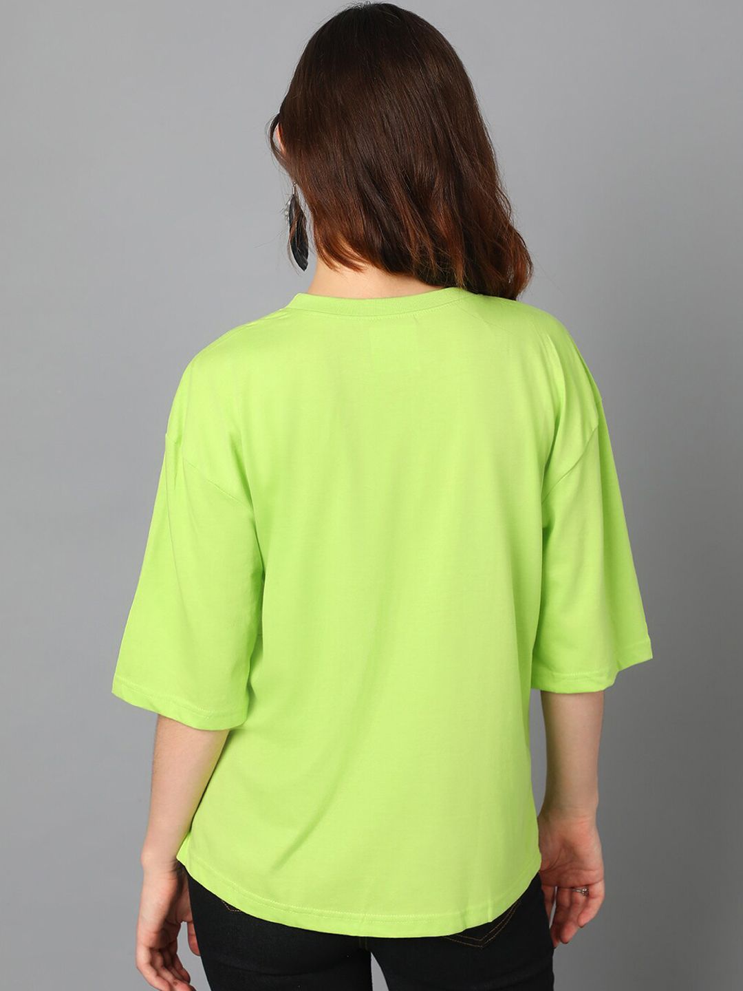 Kotty Green Typography Printed Drop-Shoulder Sleeves Oversized T-shirt