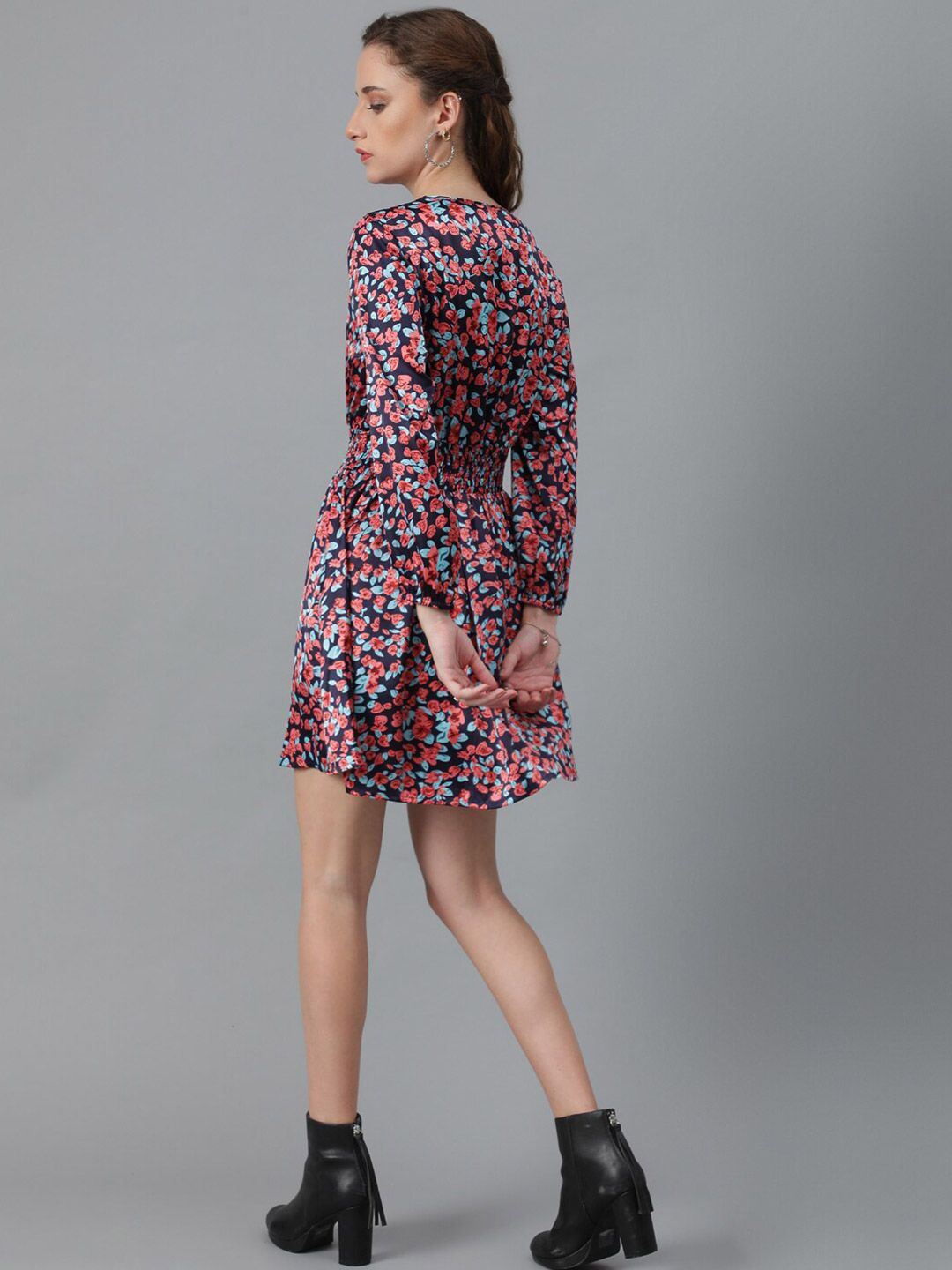 Kotty Navy Blue & Red Floral Printed Tie Up Neck Crepe Smocked Fit & Flare Dress