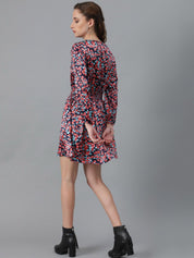 Kotty Navy Blue & Red Floral Printed Tie Up Neck Crepe Smocked Fit & Flare Dress