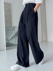 Kotty Women Navy Blue Relaxed Straight Leg Straight Fit High-Rise Parallel Trousers